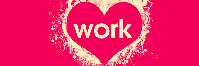 Pink heart shaped graphic with the word work 