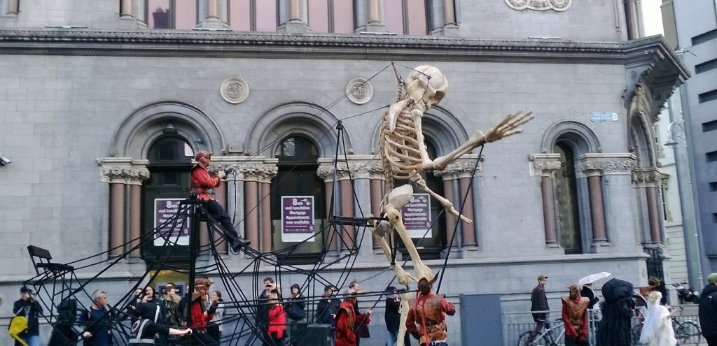 skeleton walking through the streets