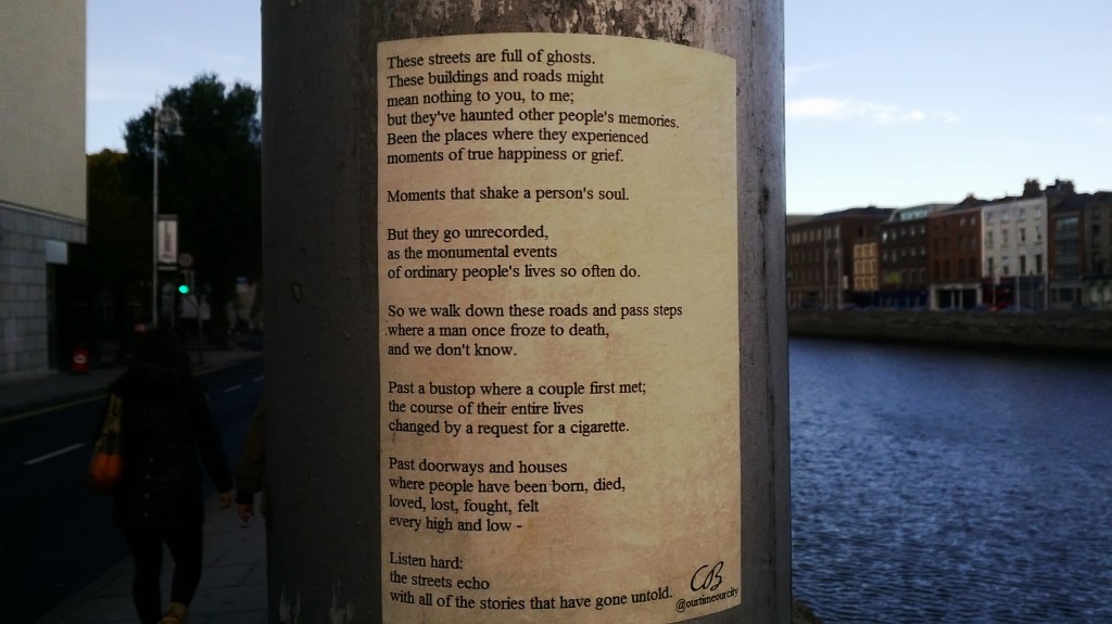 poem stuck to a lamp post in literary Dublin