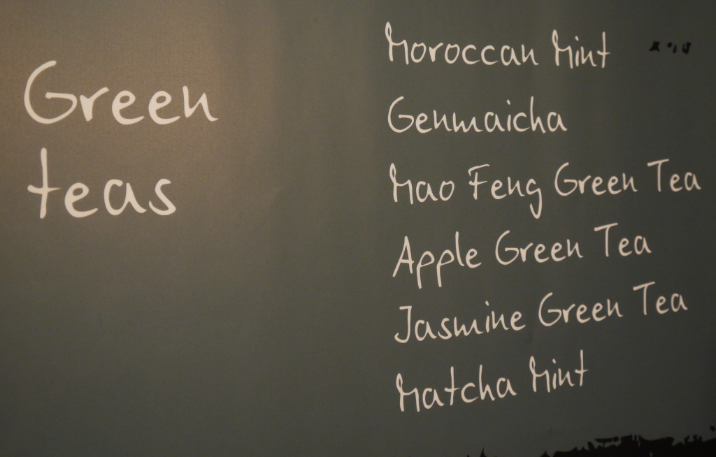 Greeen tea menu at Piacha Tea Bar 