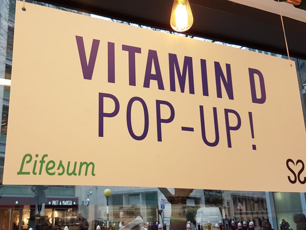 Vitamin D pop-up bar sign in Crussh in New Street Square 