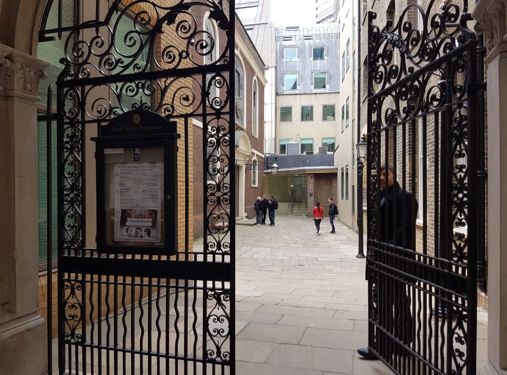 Wrought iron gates at the front entrance of the Bevis Marks Synagogue