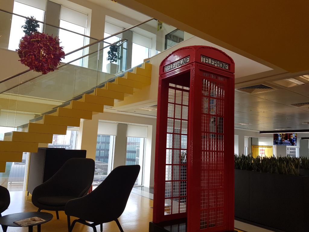 giant red phone box at the Lego London office 