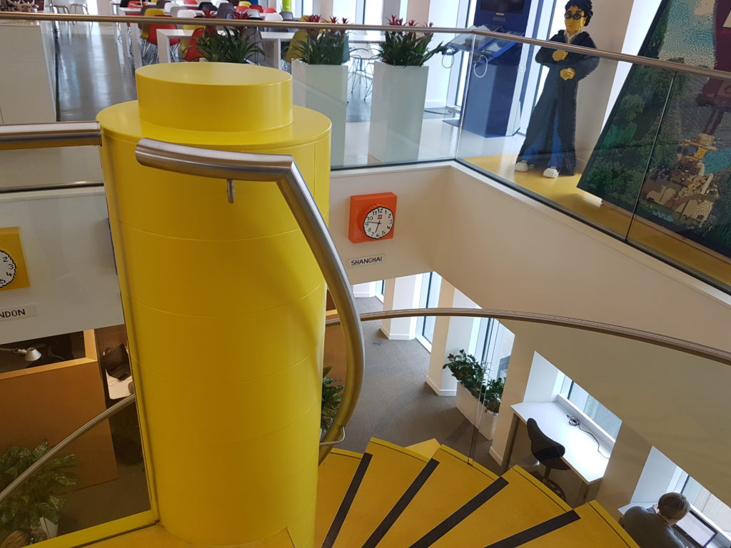 the yellow brick spiral staircase at the London Lego HQ 