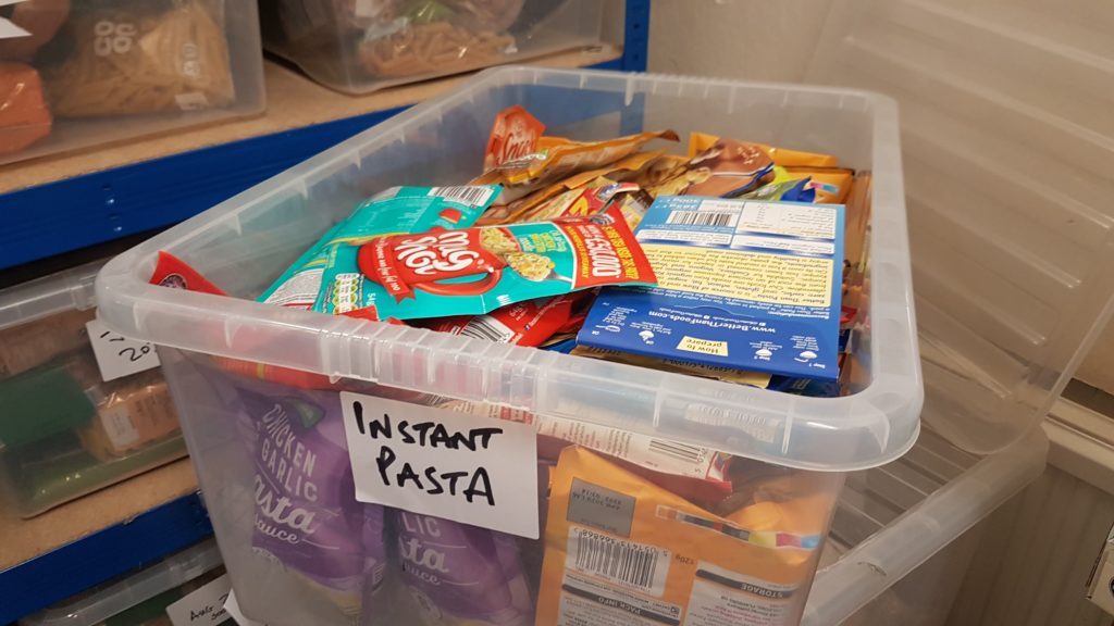 supplies of instant pasta at Hackney Food bank 