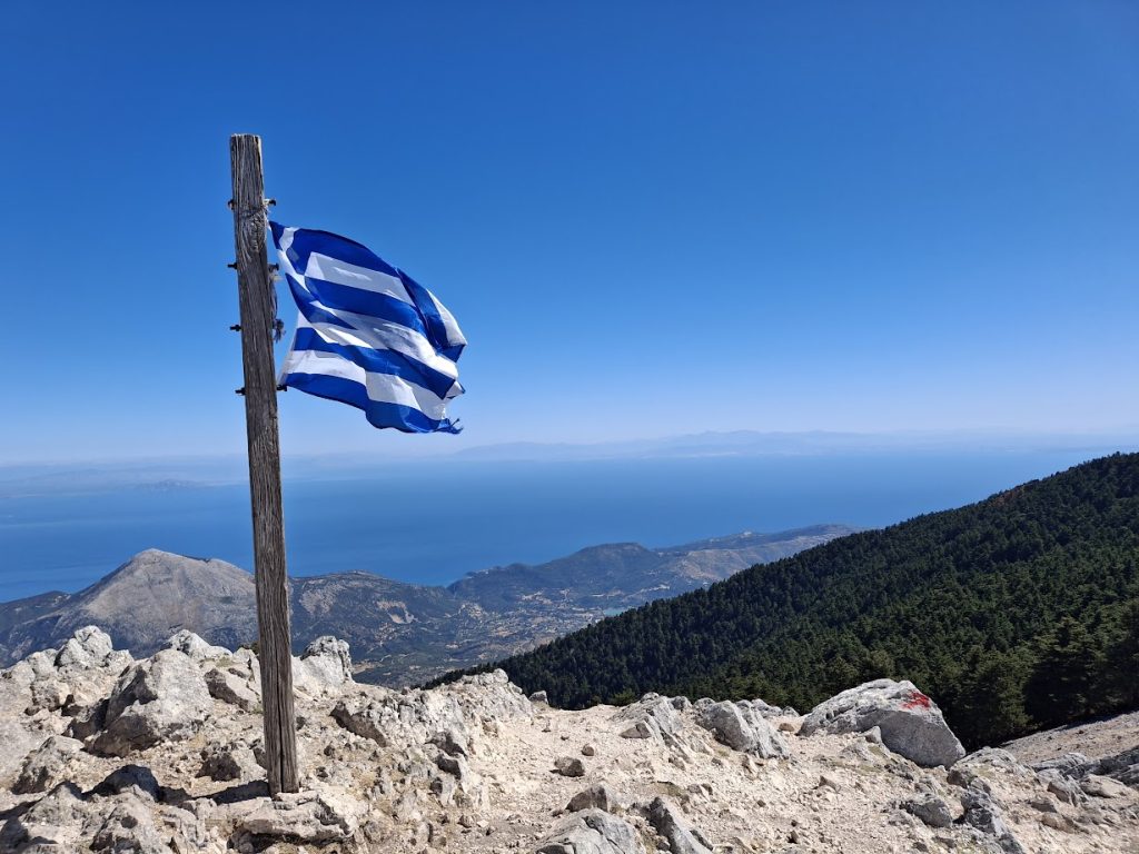 flag at summit of mount ainos in Kefalonia, Greece