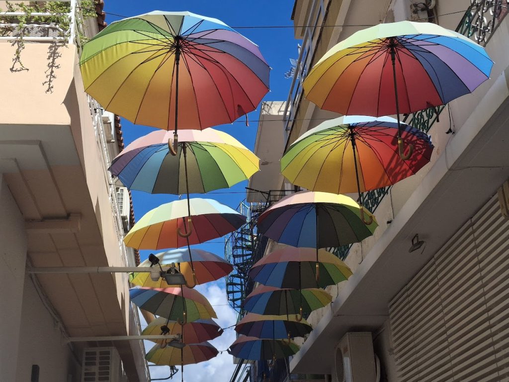 umbrellas light installation in Lithostroto, Kefalonia